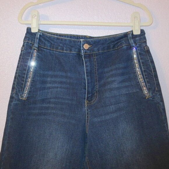 Women's Wide Leg Jeans Size 30 Baggy Rhinestones Bling Fringe High Rise Oat NY - Picture 2 of 10